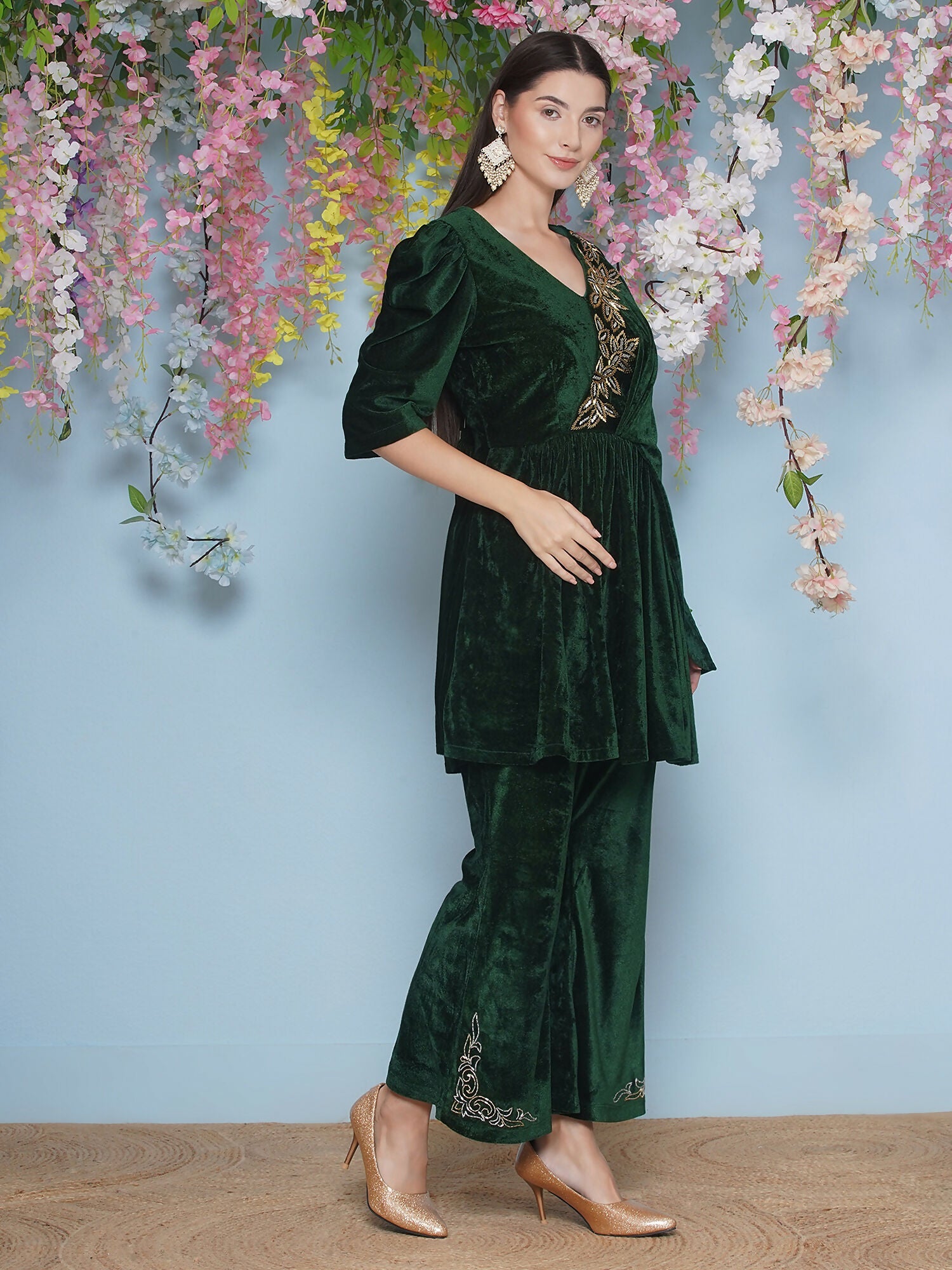 Green Velvet Hand Embellished 2-Piece Co-ord Set