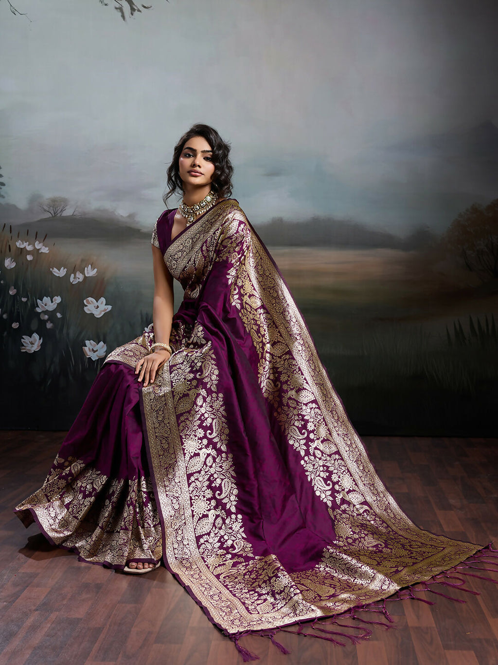 Wine Silk Blend Saree with Coordinating Blouse Piece