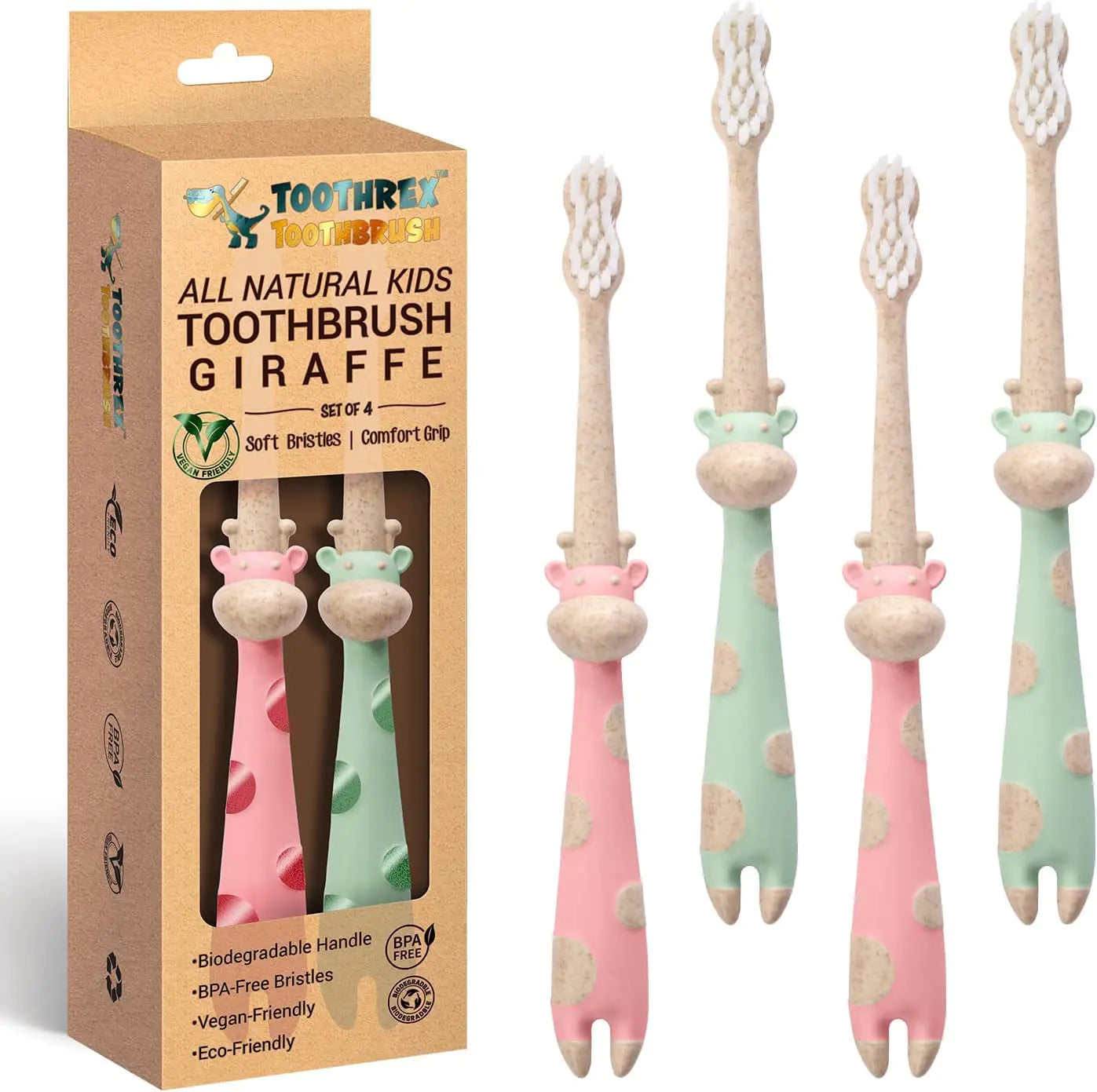 ROARex® All-Natural Eco Friendly Kids Toothbrush Made from Plants - Giraffe 4-36m - Baby to Toddler - Mint/Rose - 4pk | 1% for The Planet Product