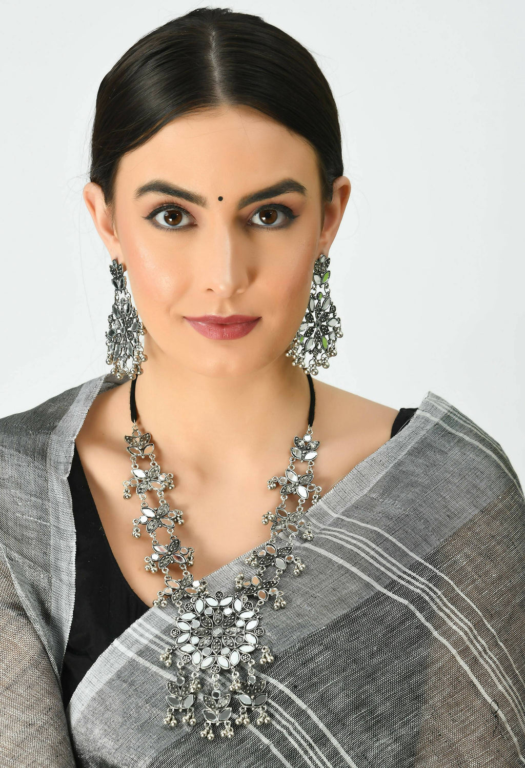 Johar Kamal Oxidised Silver-Plated Mirror Work Long Necklace Set