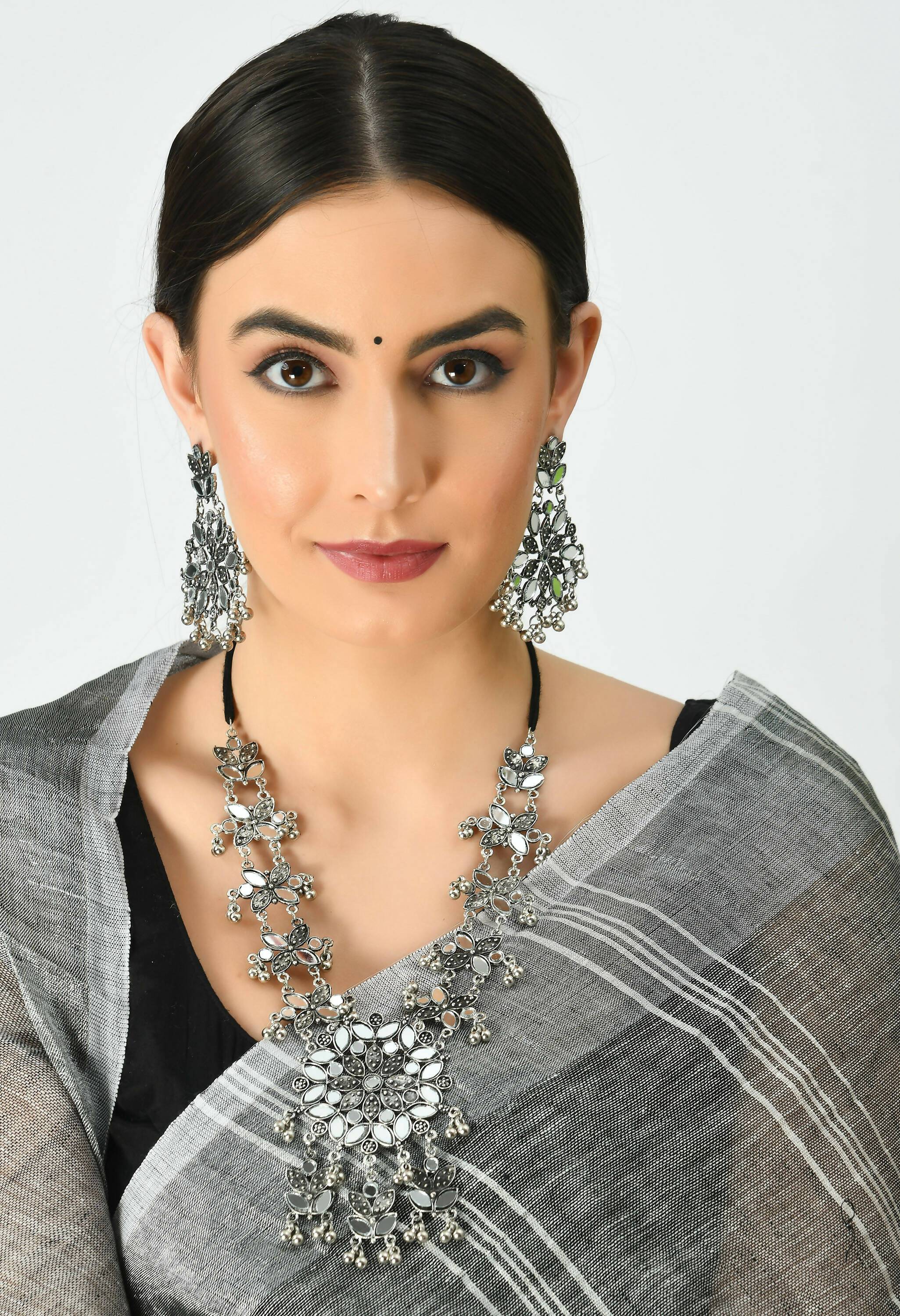 Johar Kamal Oxidised Silver-Plated Mirror Work Long Necklace Set