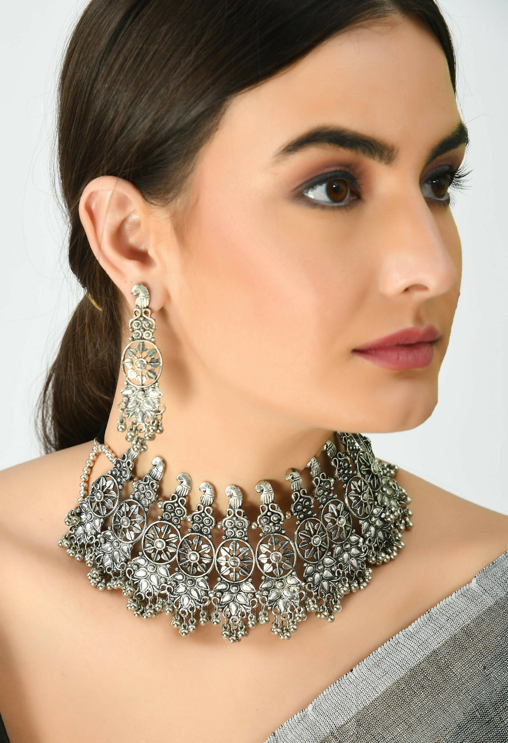 Johar Kamal Oxidised Silver-Plated Brass Temple Choker Necklace Set