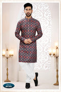 Men's blue straight rayon kurta with detailed thread and sequence embroidery.