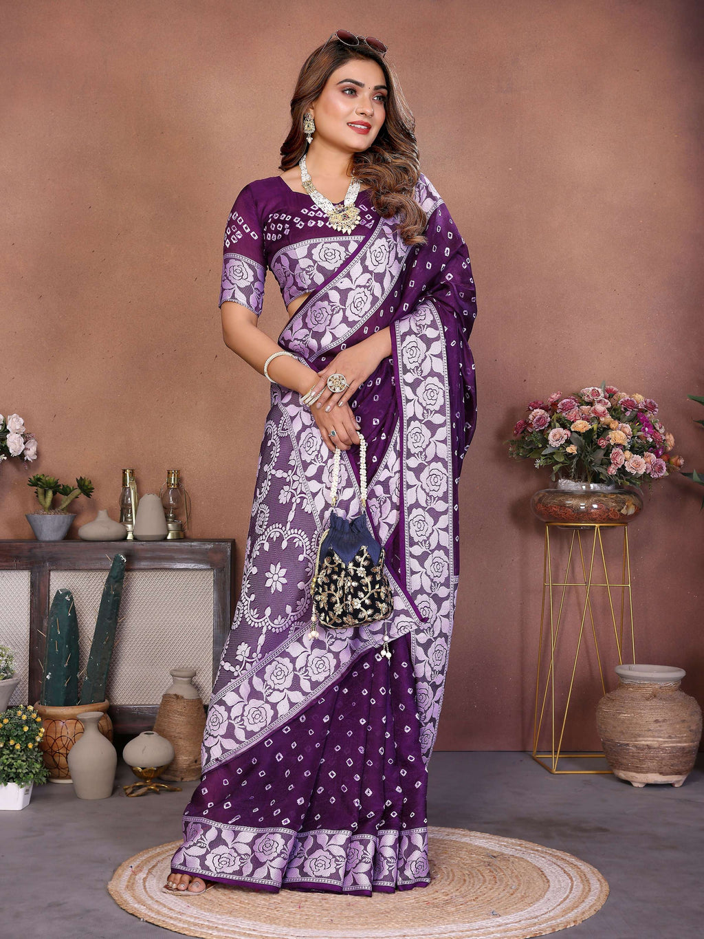Purple Viscose Silk Handmade Original Bandhej Saree