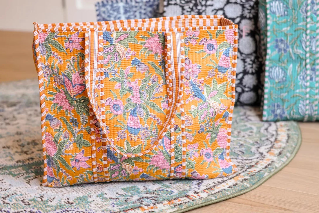 Cotton Quilted Floral Block Tote