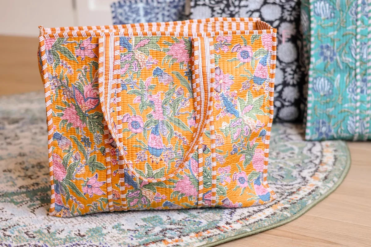 Cotton Quilted Floral Block Tote