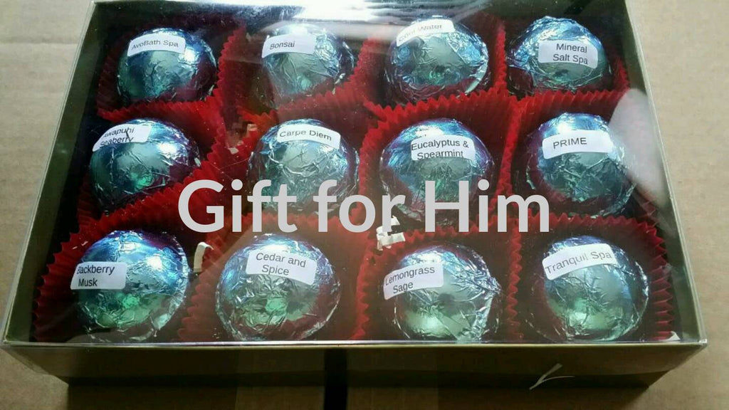 Gift Set with 12 foil wrapped 2.5 oz bath bombs, great for dry skin, Manly Scents