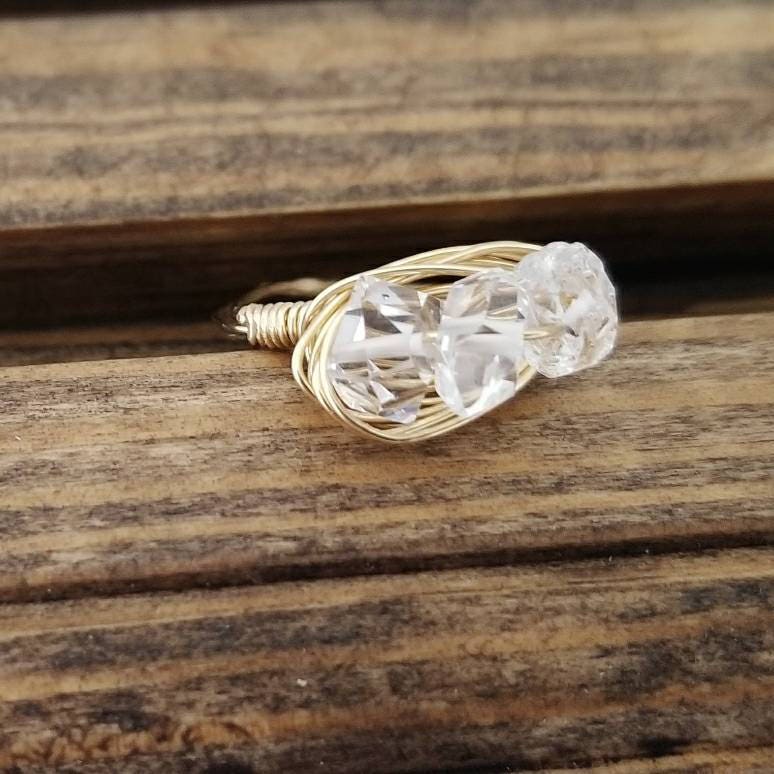 Herkimer Diamond Trio Ring – Hand Wrapped Quartz Crystal Ring