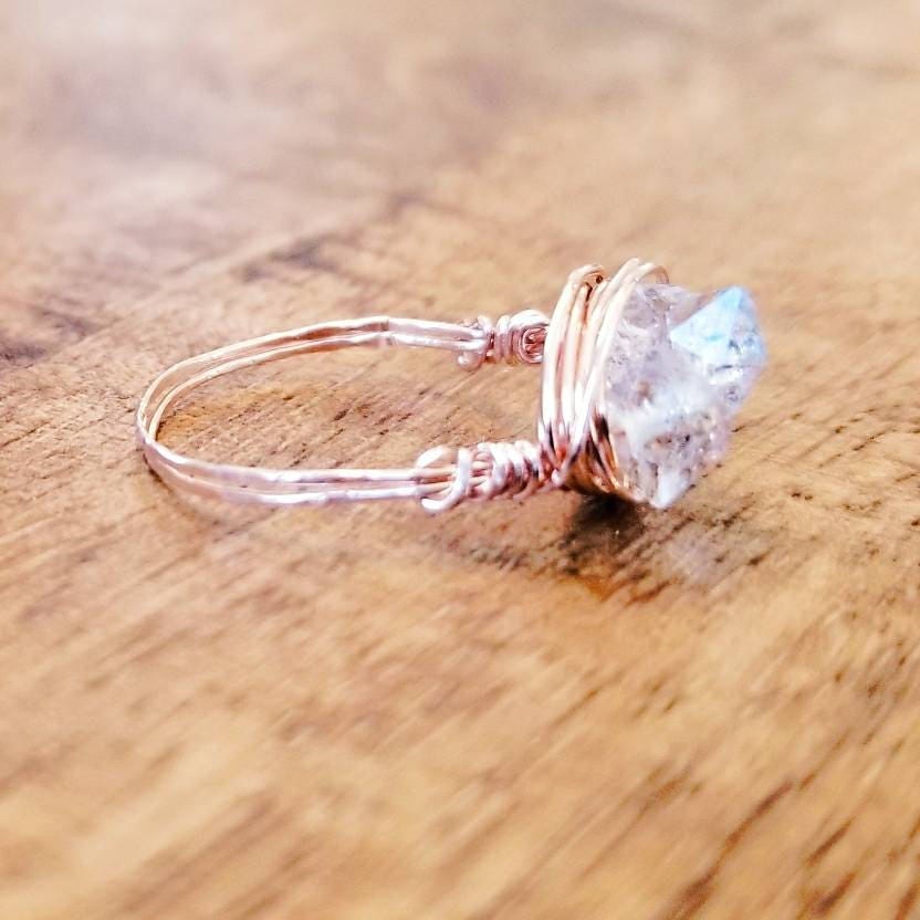 Herkimer Diamond Trio Ring – Hand Wrapped Quartz Crystal Ring