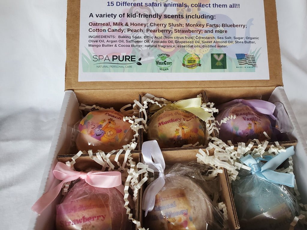 GIFT SET with 6 SAFARI Animals Bath Bombs with "Surprise" Jungle Animals inside