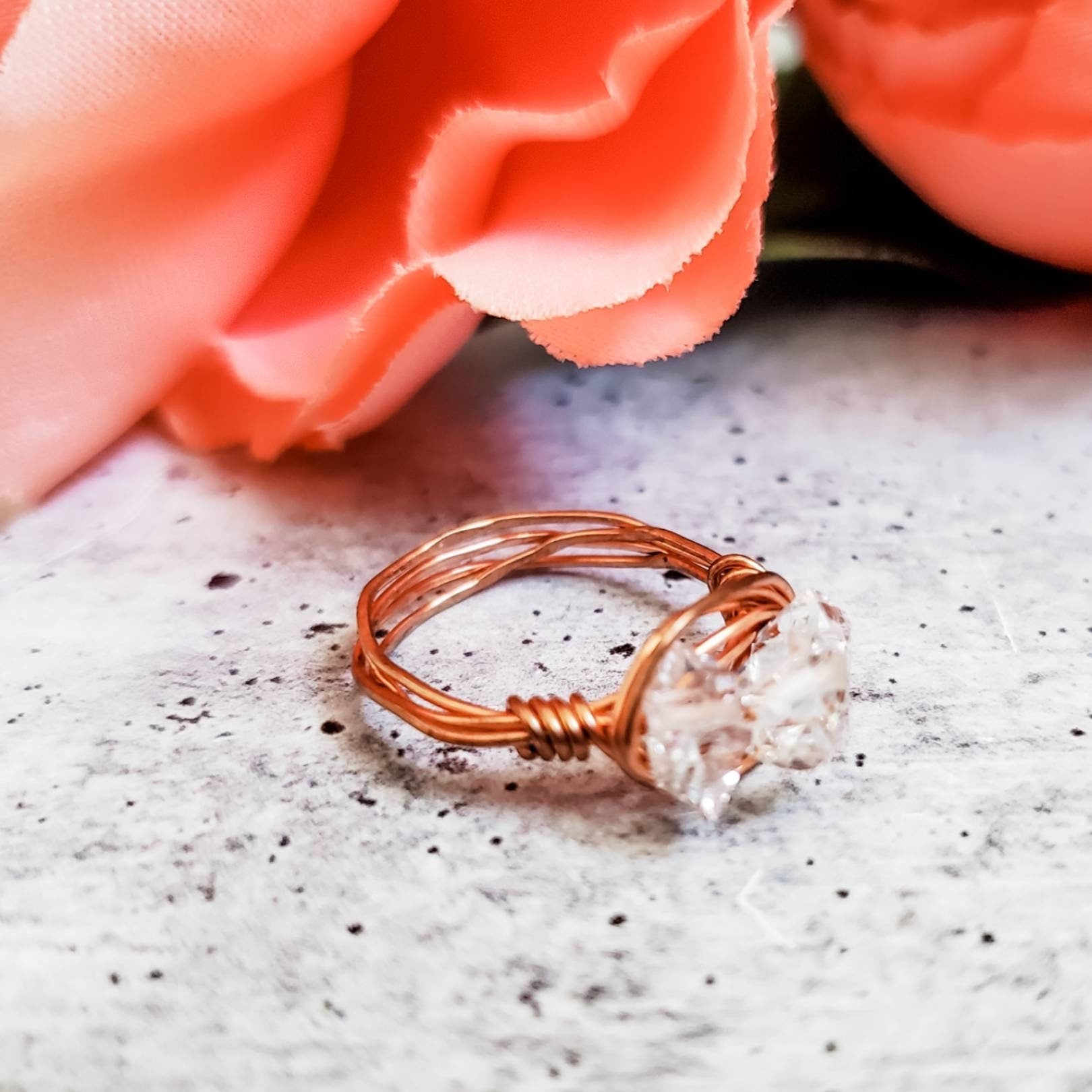 Herkimer Diamond Trio Ring – Hand Wrapped Quartz Crystal Ring