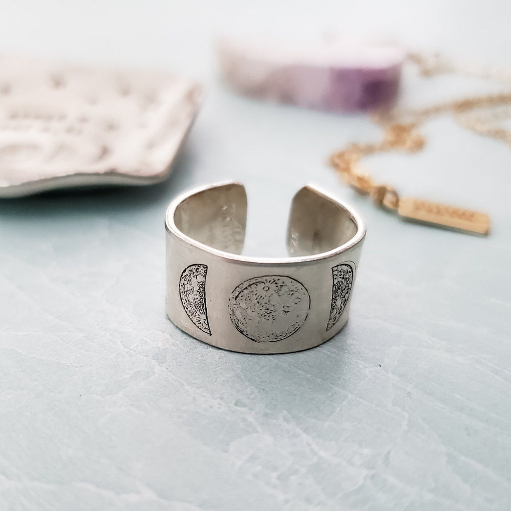 Moon Phases Sterling Silver or 14k Gold Filled Wide Open Back Ring