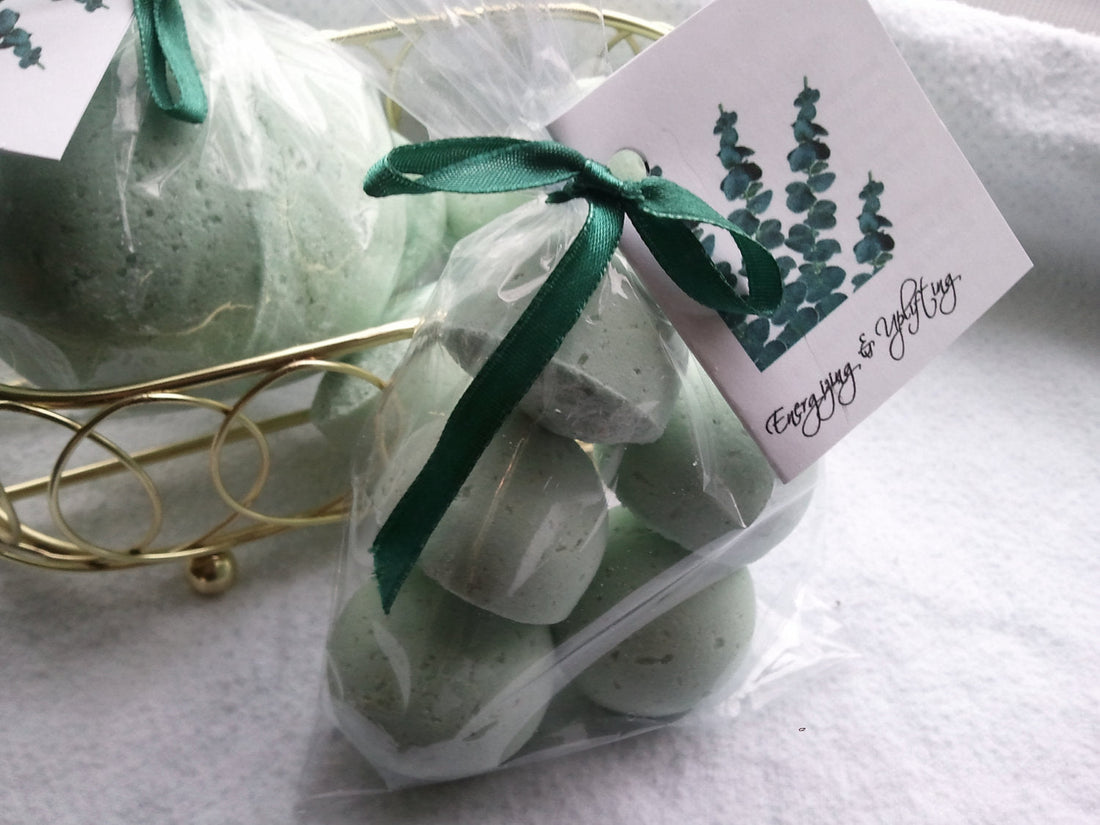 14 bath bombs in Eucalyptus & Spearmint scent, gift bag bath fizzies, great for dry skin, shea, cocoa, 7 ultra rich oils