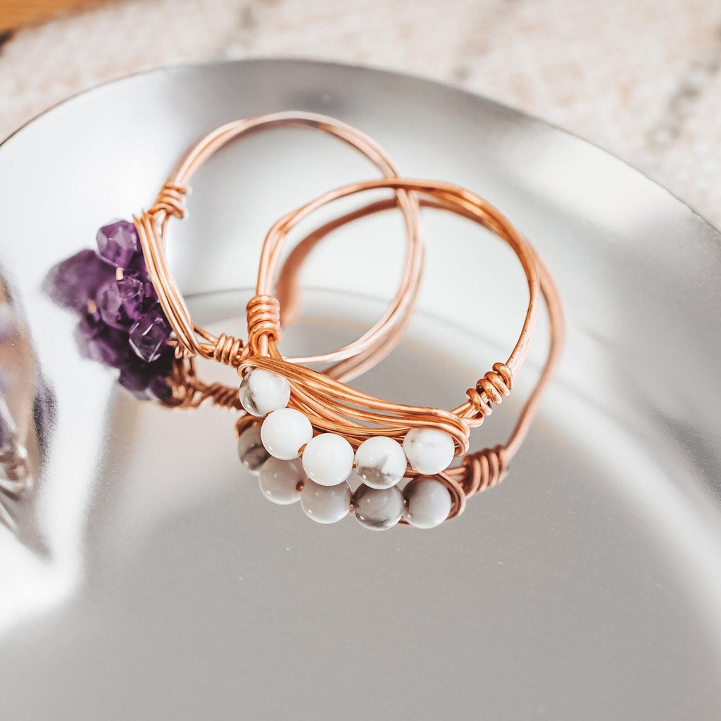 Howlite Wire Wrapped White Crystal Ring