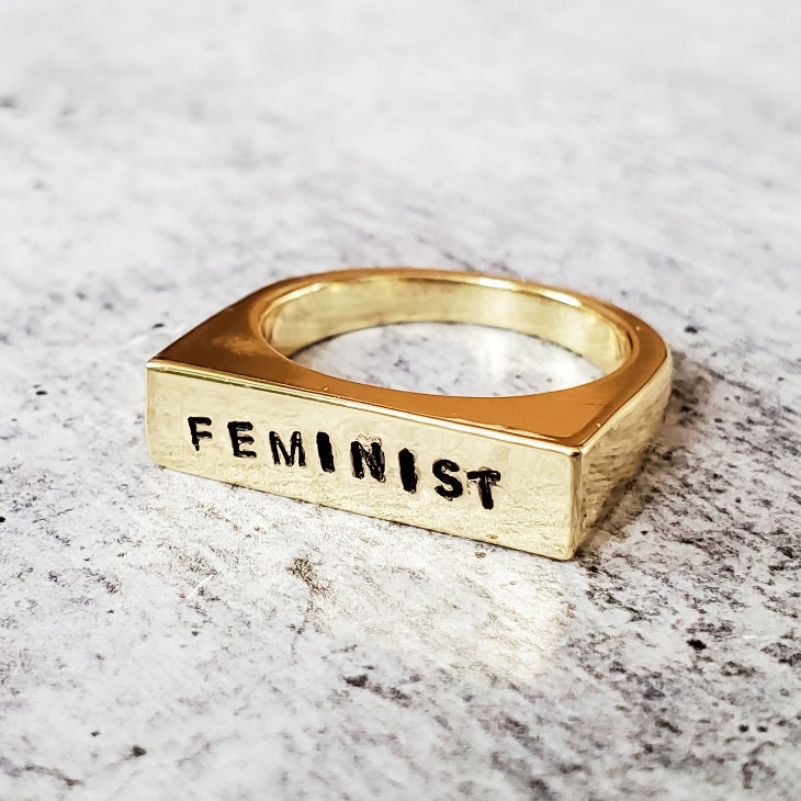 Feminist Flat Top Band Ring: Gold Plated or Sterling Silver Flat Top Band