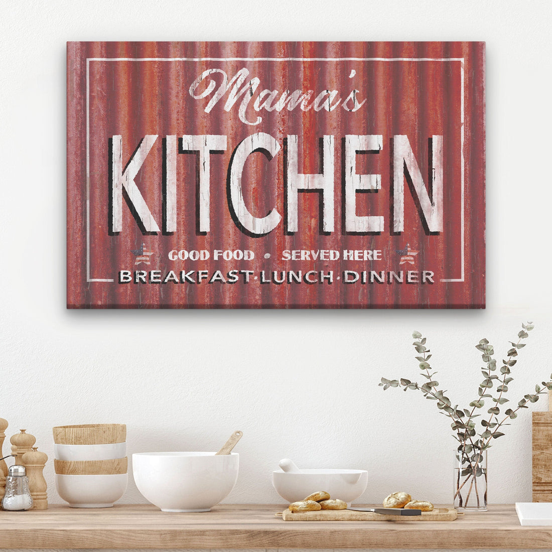 Personalized farmhouse kitchen sign on rustic metal-look canvas wall decor