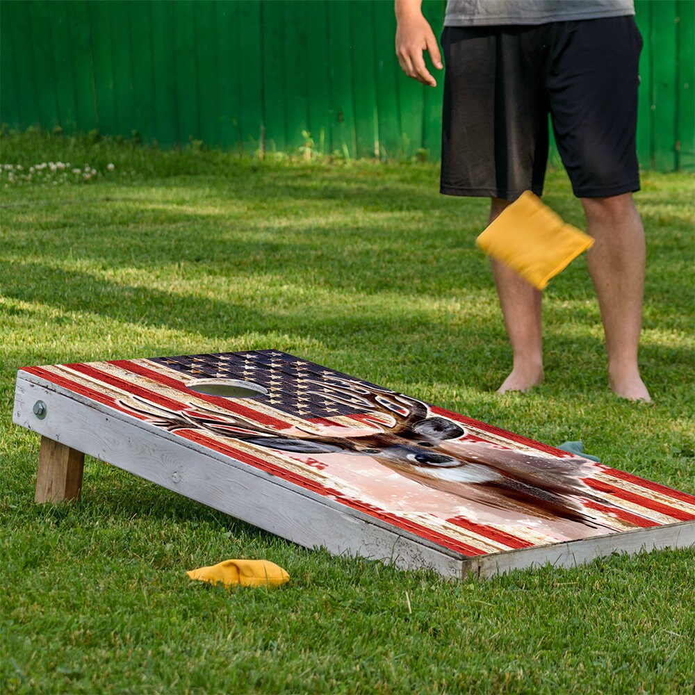 Deer and American Flag - Cornhole Board Wrap - Set of 2