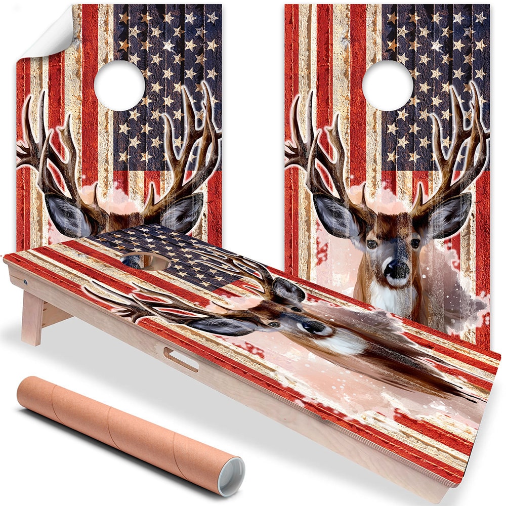 Deer and American Flag - Cornhole Board Wrap - Set of 2