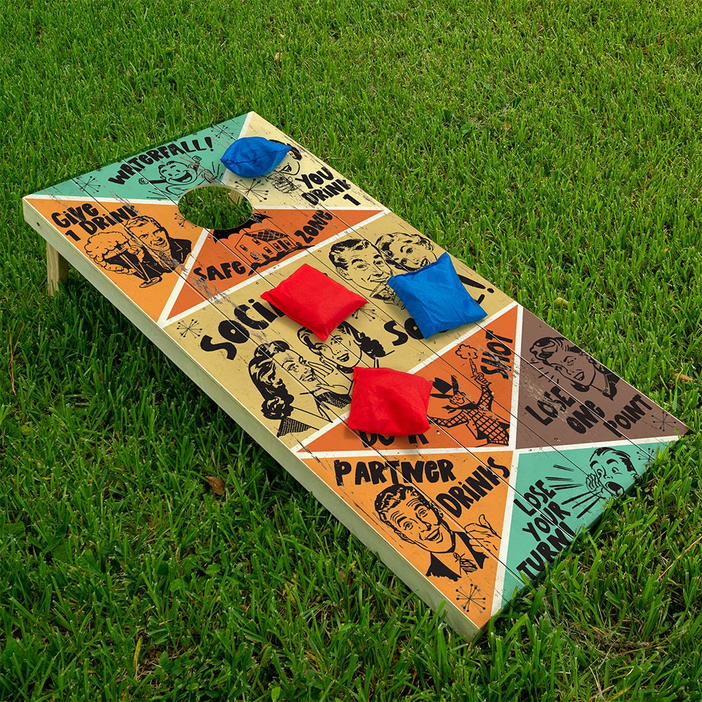 Retro Style Drinking Game - Cornhole Board Wrap - Set of 2