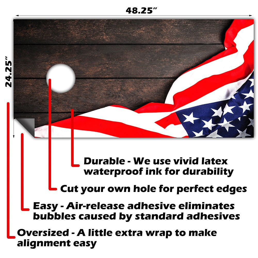 American Flag on Dark Wood - Cornhole Board Wrap - Set of 2