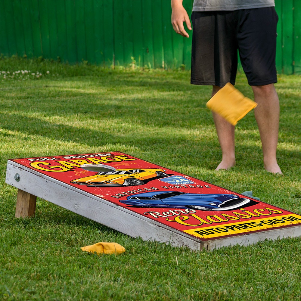 Retro Garage - Cornhole Board Wrap - Set of 2