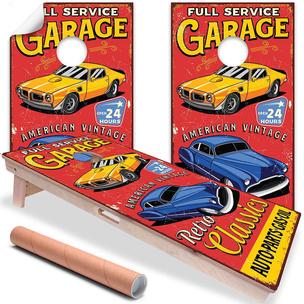Retro Garage - Cornhole Board Wrap - Set of 2