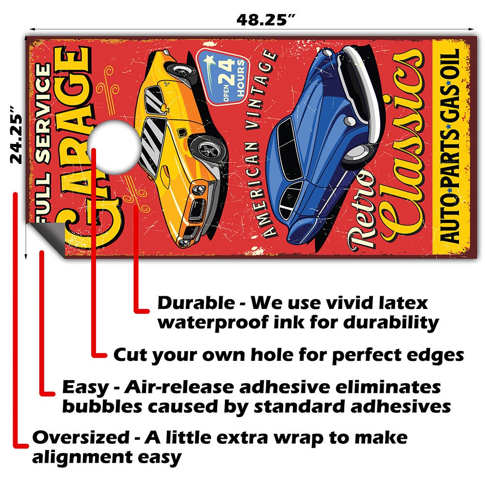 Retro Garage - Cornhole Board Wrap - Set of 2