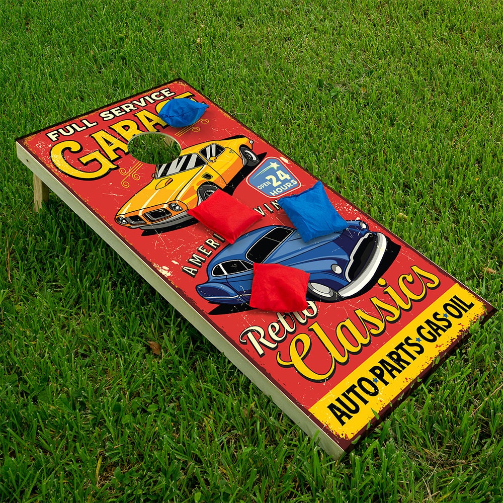 Retro Garage - Cornhole Board Wrap - Set of 2