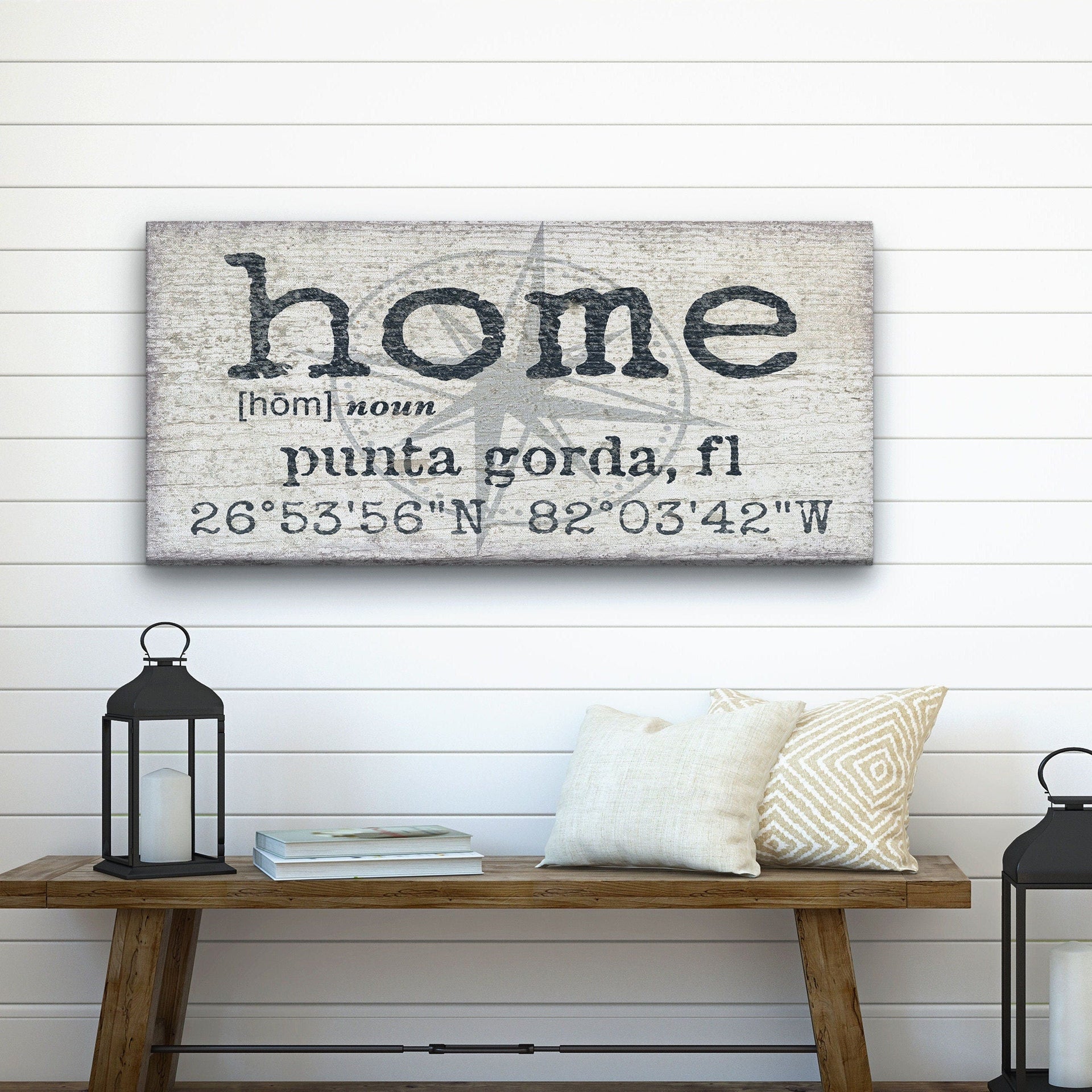 Customizable compass coordinates wall art on canvas with farmhouse and rustic aesthetic.