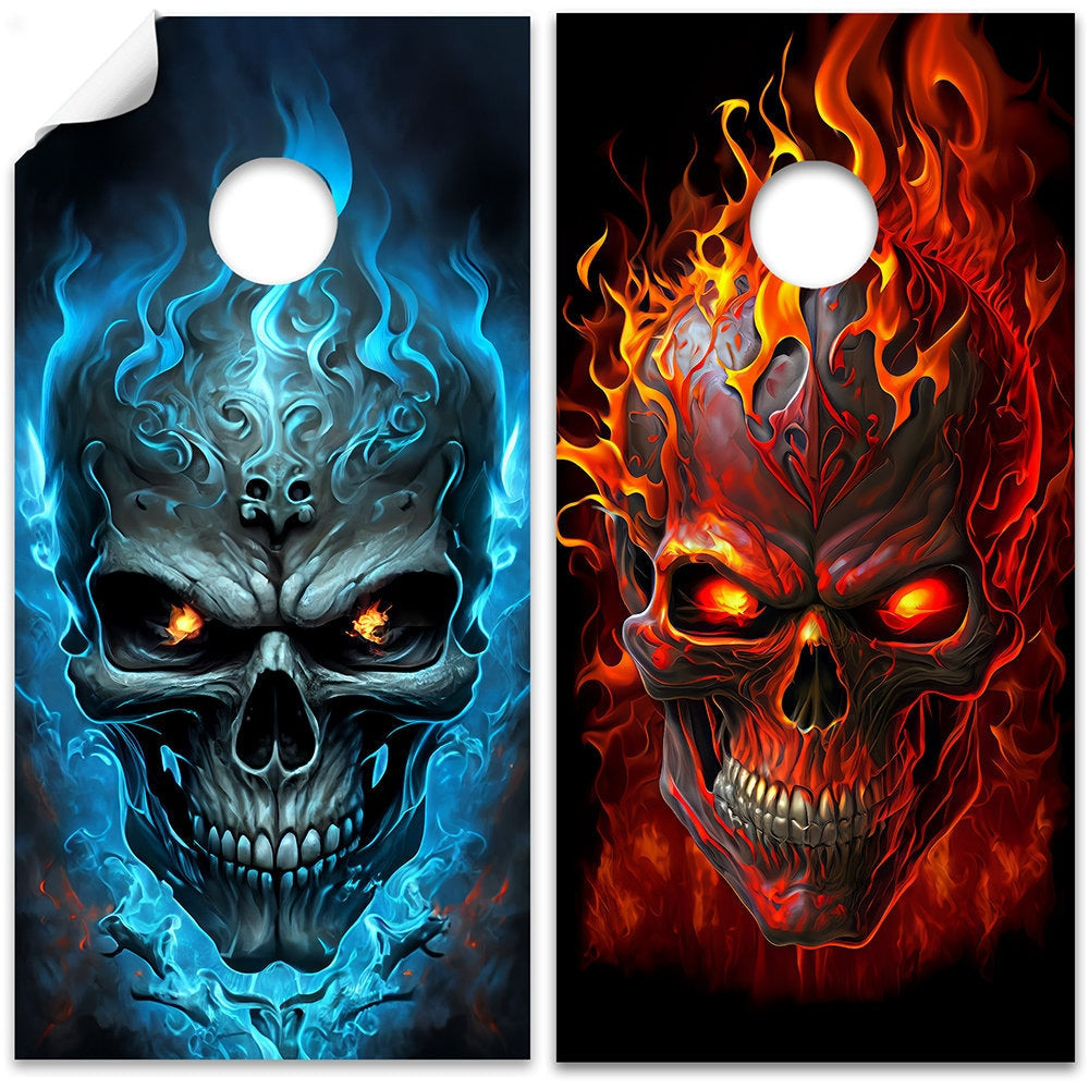 Flaming Skull - Cornhole Board Wrap - Set of 2