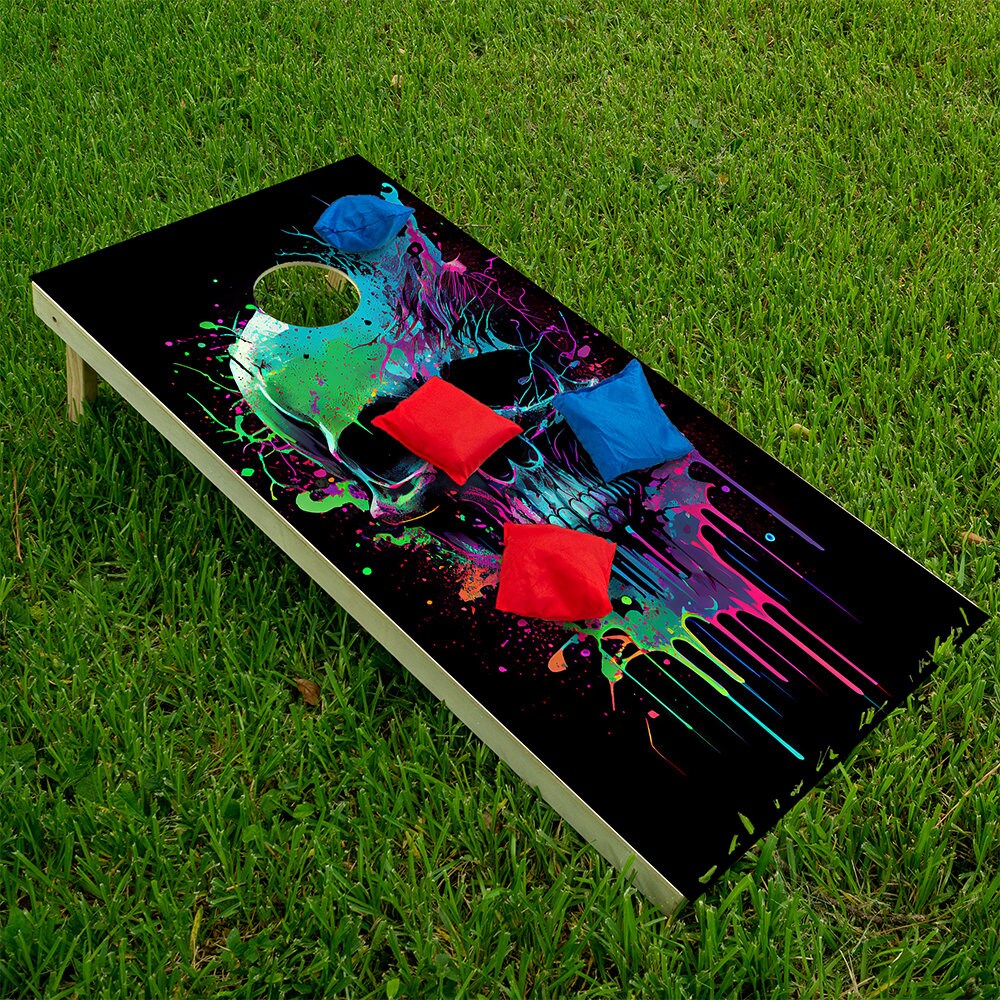 Neon Splatter Paint Skull - Cornhole Board Wrap - Set of 2