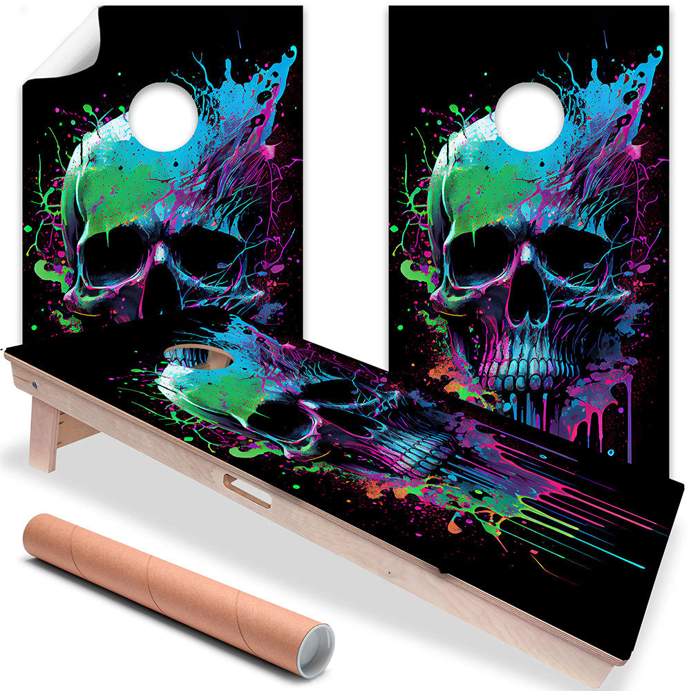 Neon Splatter Paint Skull - Cornhole Board Wrap - Set of 2