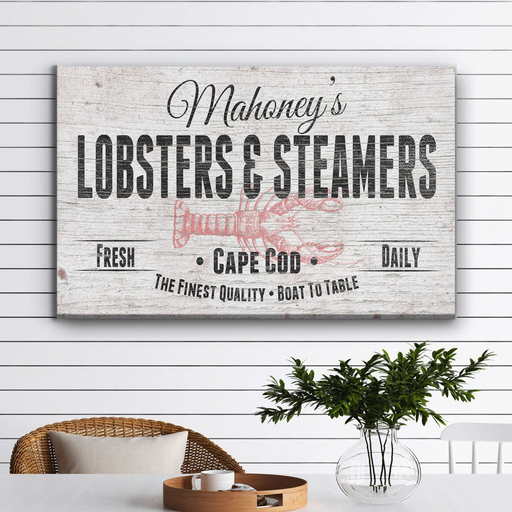 Personalized lobster and seafood restaurant canvas sign with distressed wood texture