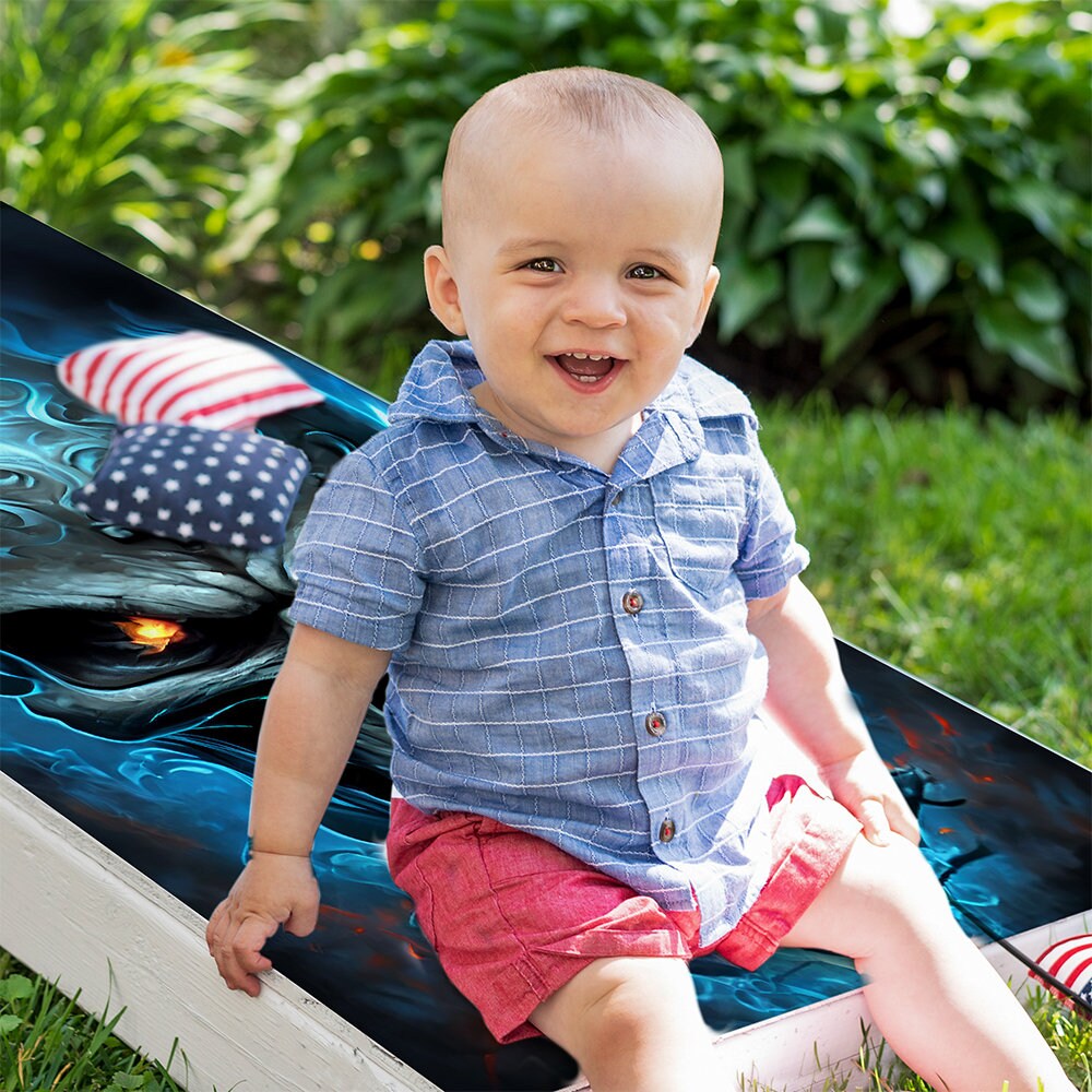 Blue Flaming Skull - Cornhole Board Wrap - Set of 2