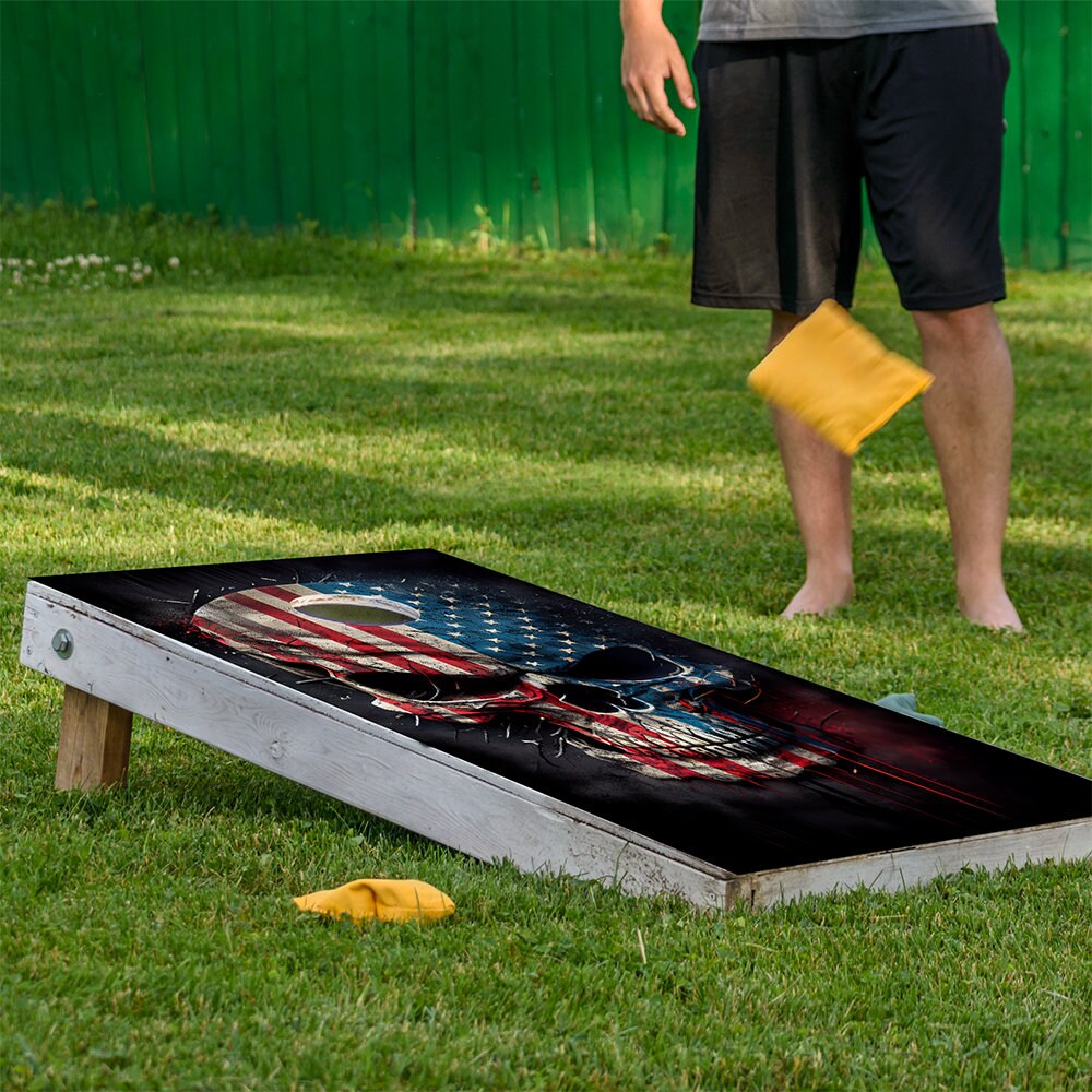 Patriotic Skull American Flag - Cornhole Board Wrap - Set of 2