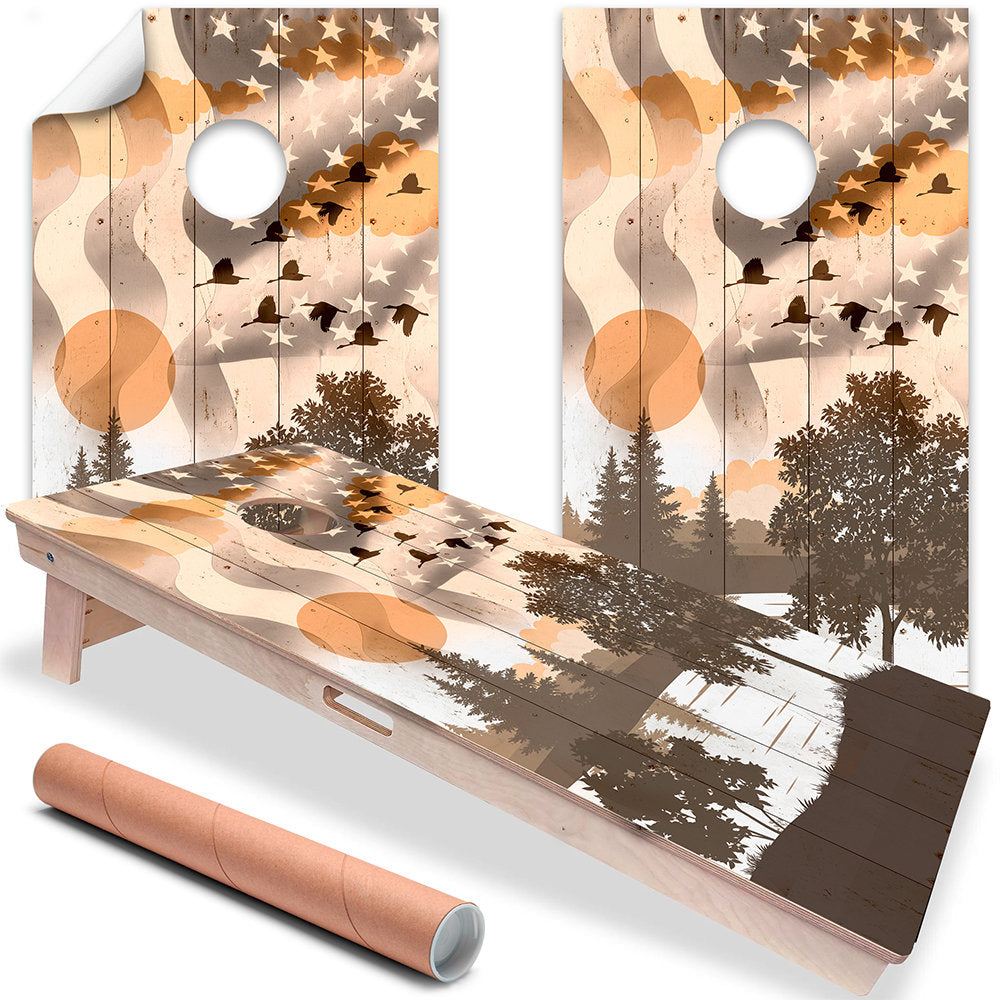 American Flag w/ Ducks Flying - Cornhole Board Wrap - Set of 2
