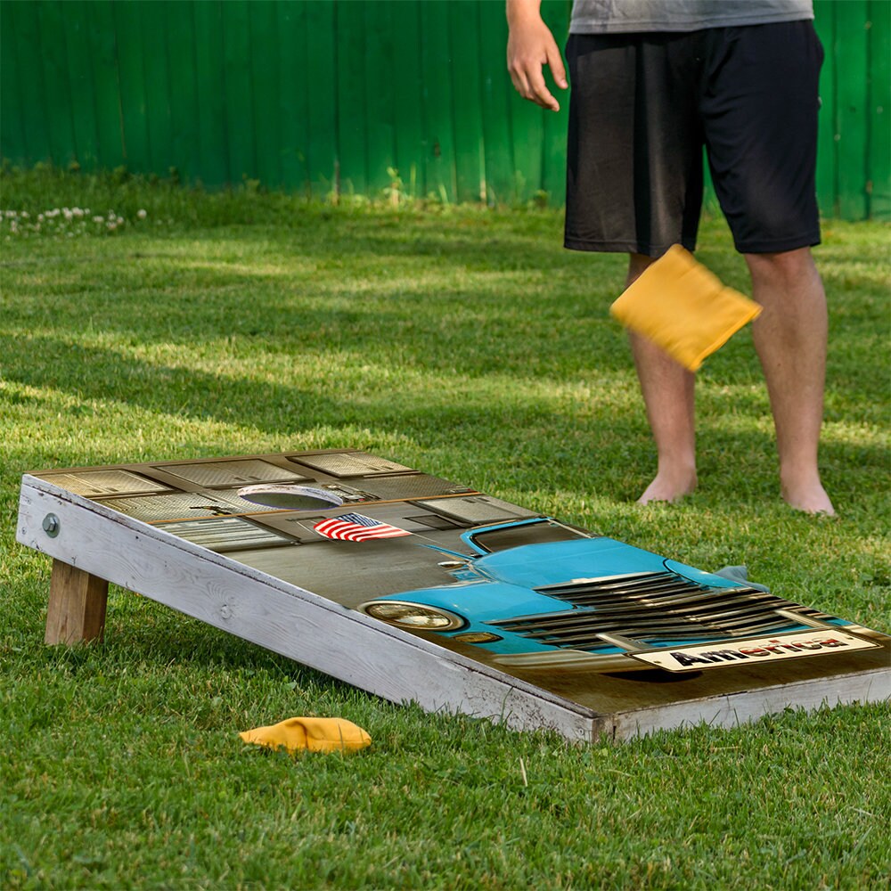 Blue Car - Cornhole Board Wrap - Set of 2