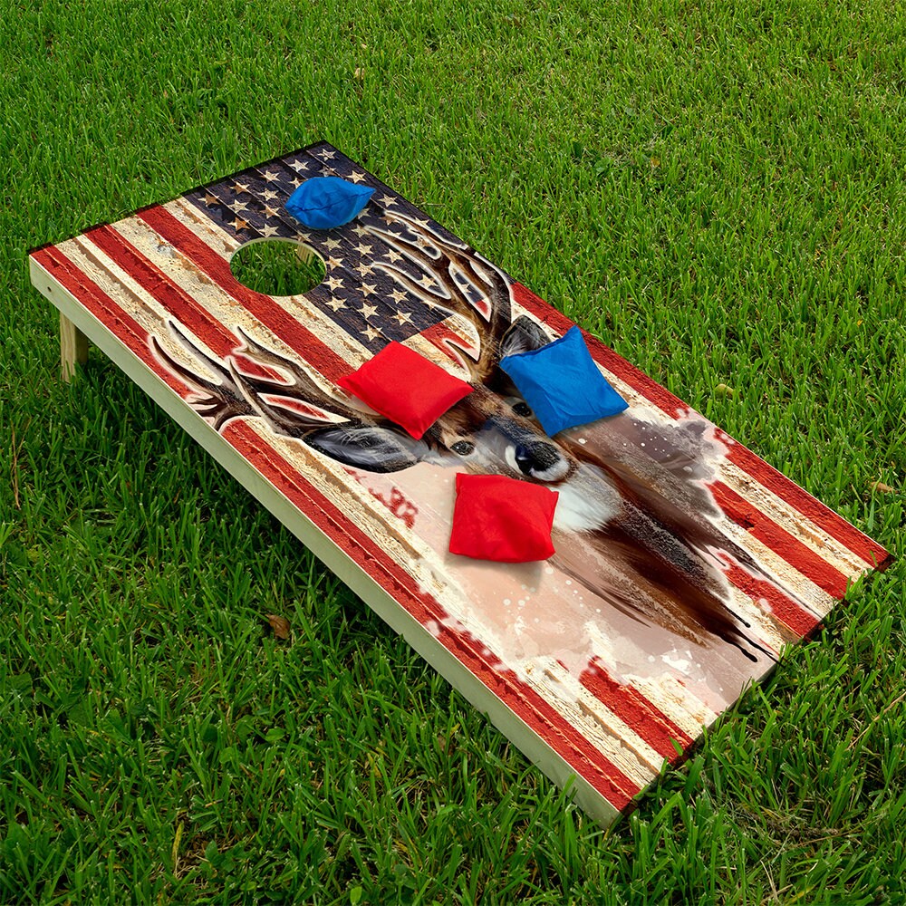 Deer and American Flag - Cornhole Board Wrap - Set of 2