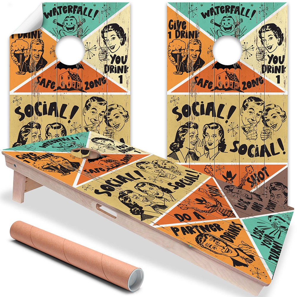 Retro Style Drinking Game - Cornhole Board Wrap - Set of 2