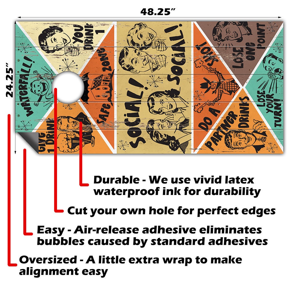 Retro Style Drinking Game - Cornhole Board Wrap - Set of 2