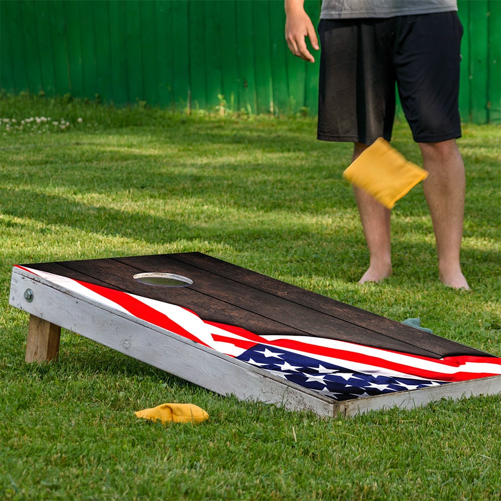 Flag on Dark Wood - Cornhole Board Wrap - Set of 2