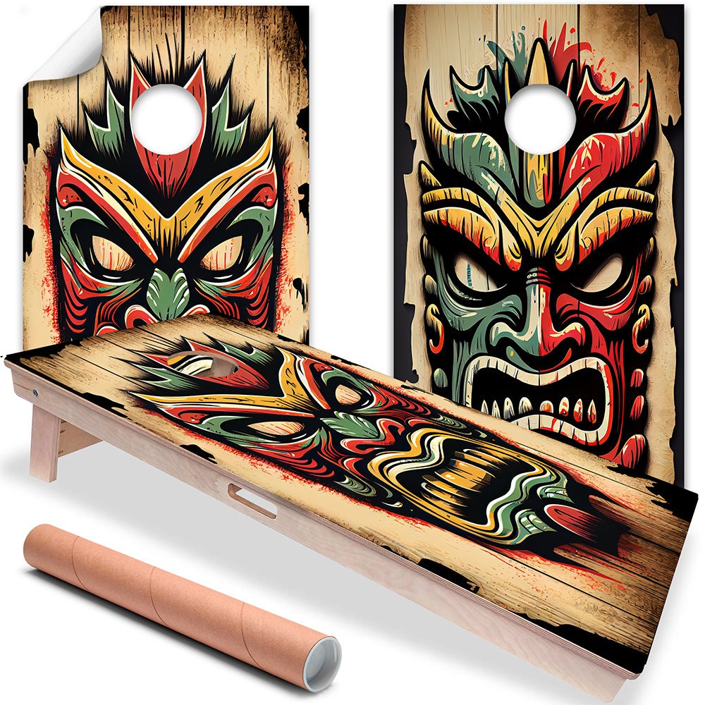 Tropical Tiki Masks - Cornhole Board Wrap - Set of 2