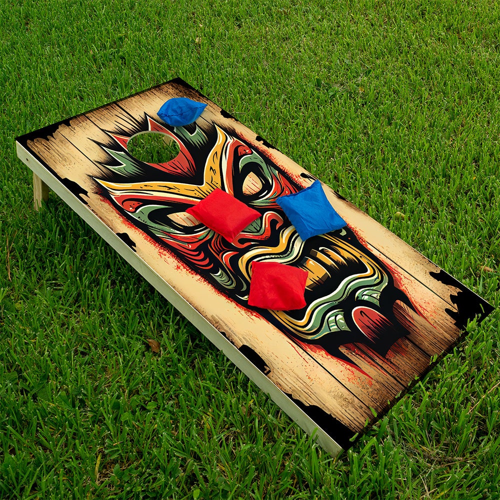 Tropical Tiki Masks - Cornhole Board Wrap - Set of 2