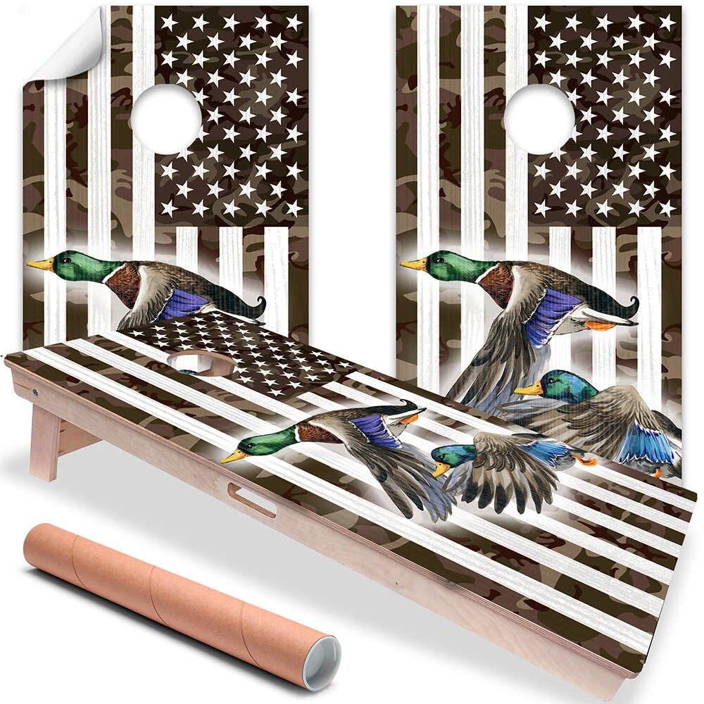 American Camo Flag Duck Flying - Cornhole Board Wrap - Set of 2