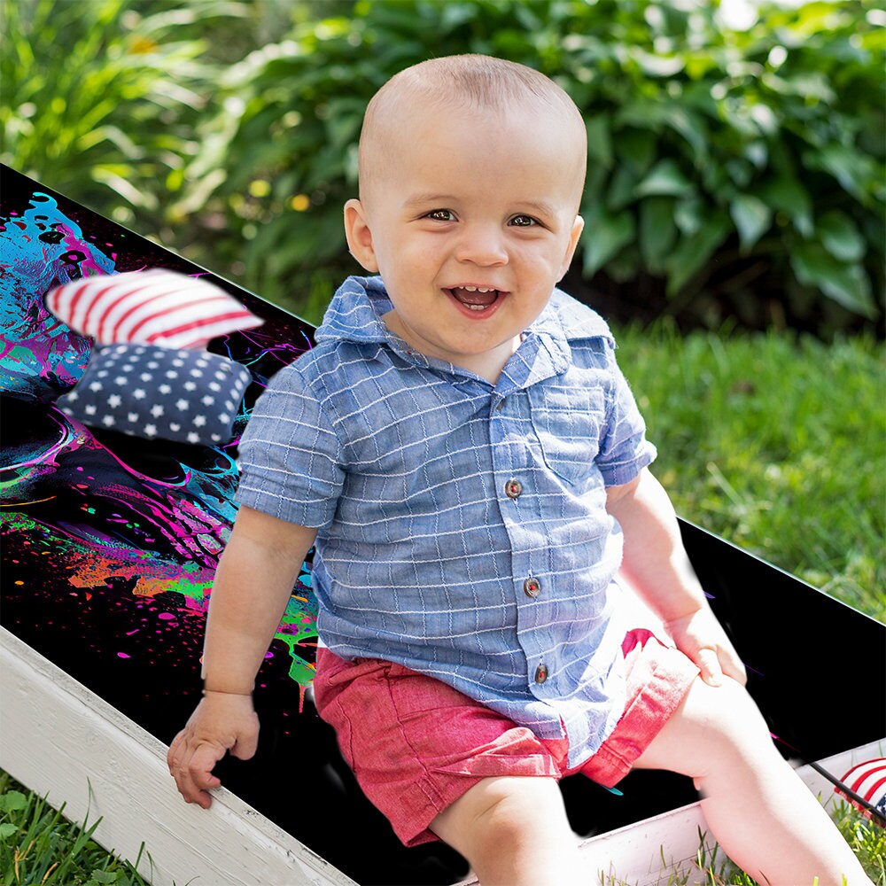 Neon Splatter Paint Skull - Cornhole Board Wrap - Set of 2