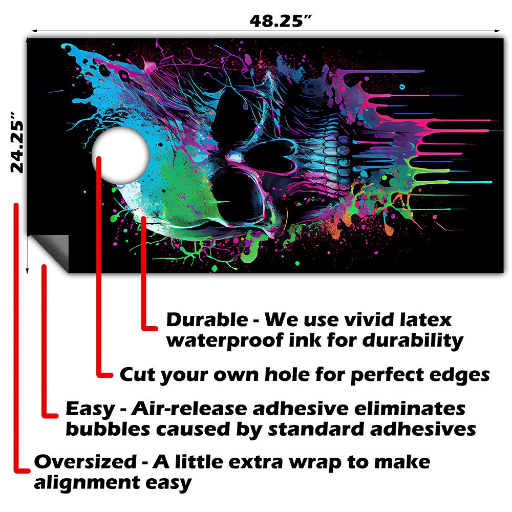 Neon Splatter Paint Skull - Cornhole Board Wrap - Set of 2