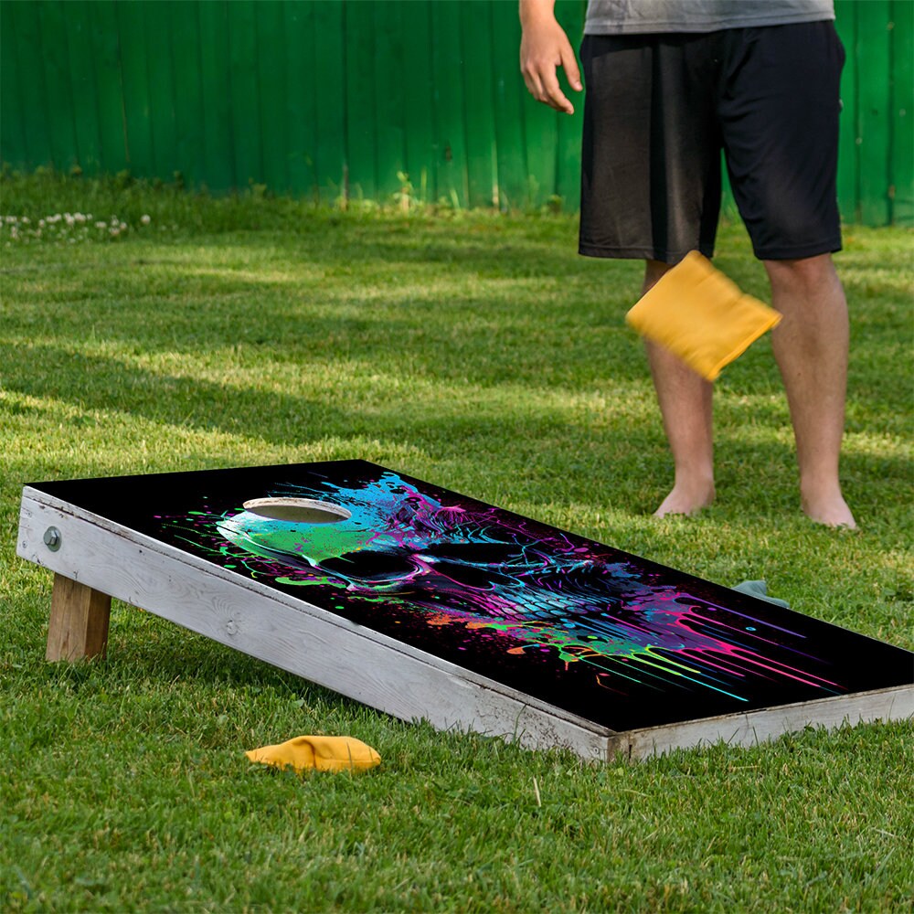 Neon Splatter Paint Skull - Cornhole Board Wrap - Set of 2