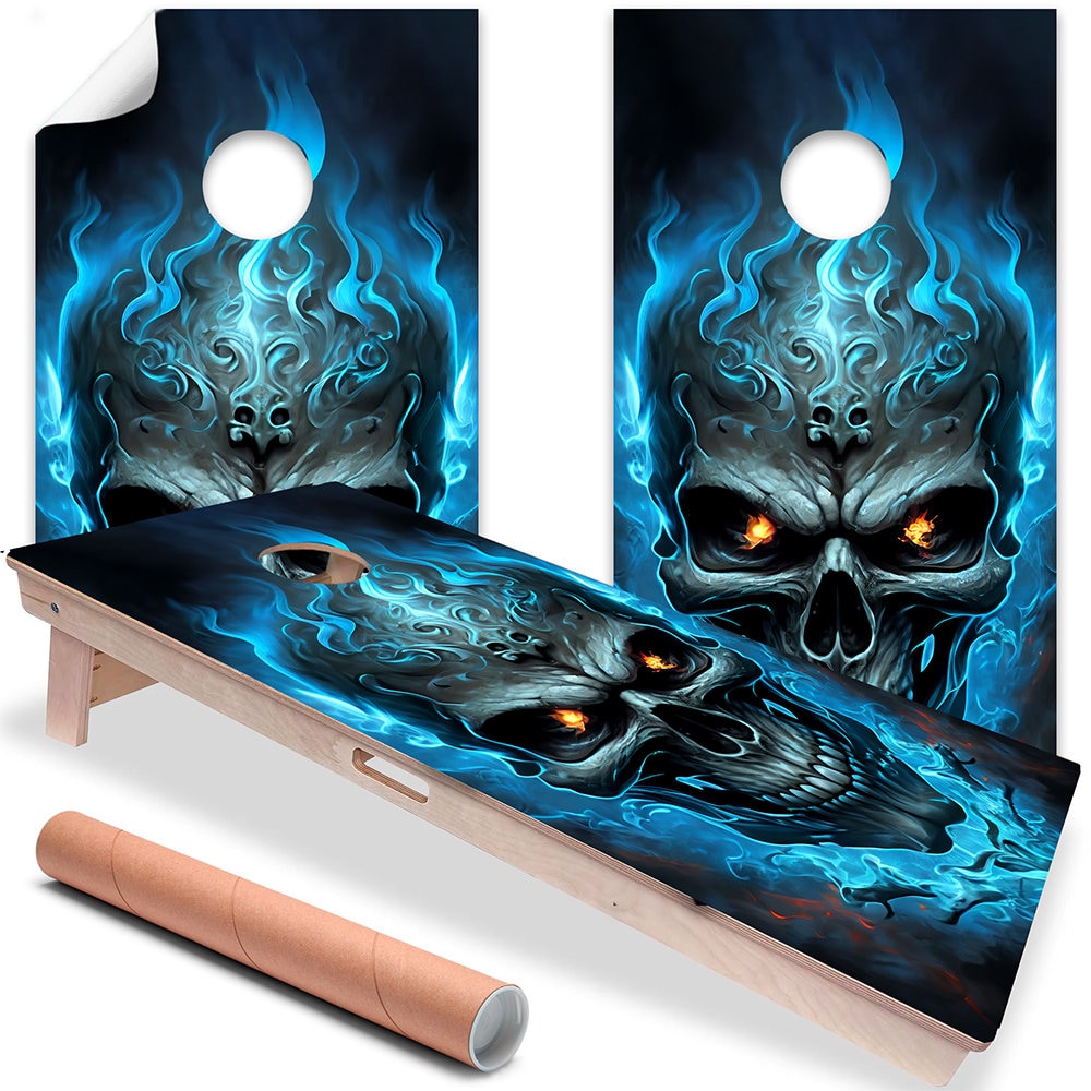Blue Flaming Skull - Cornhole Board Wrap - Set of 2