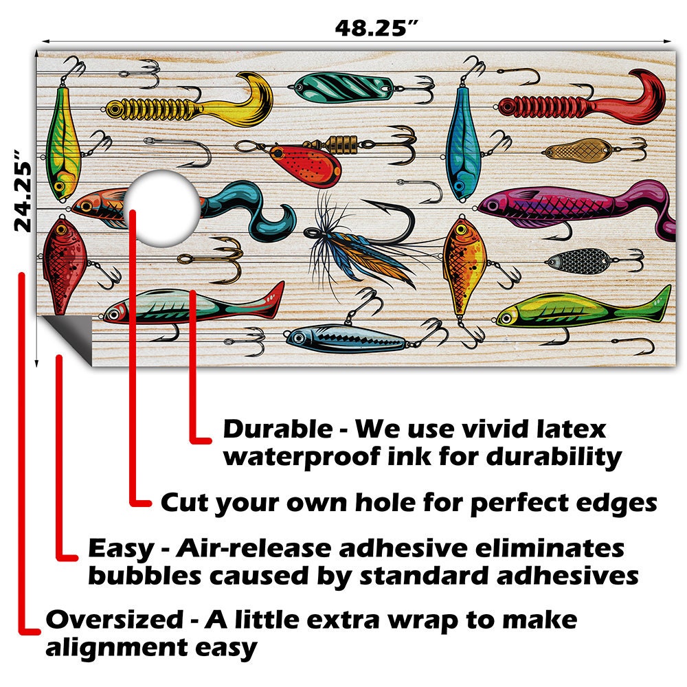Vintage Style Fishing Lures - Cornhole Board Wrap - Set of 2