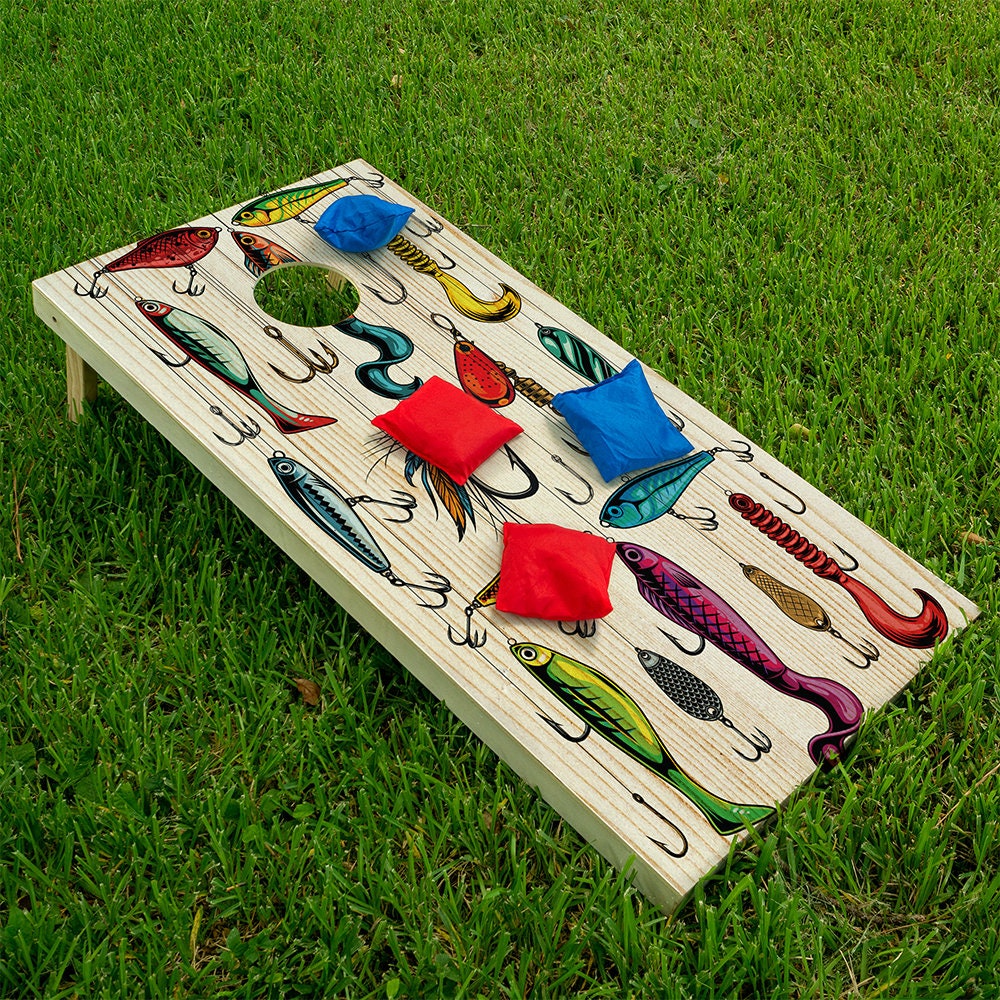 Vintage Style Fishing Lures - Cornhole Board Wrap - Set of 2